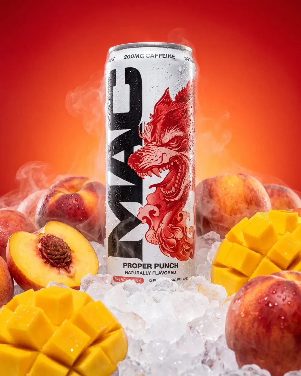 MAC Energy Proper Punch can on ice with peaches and mango