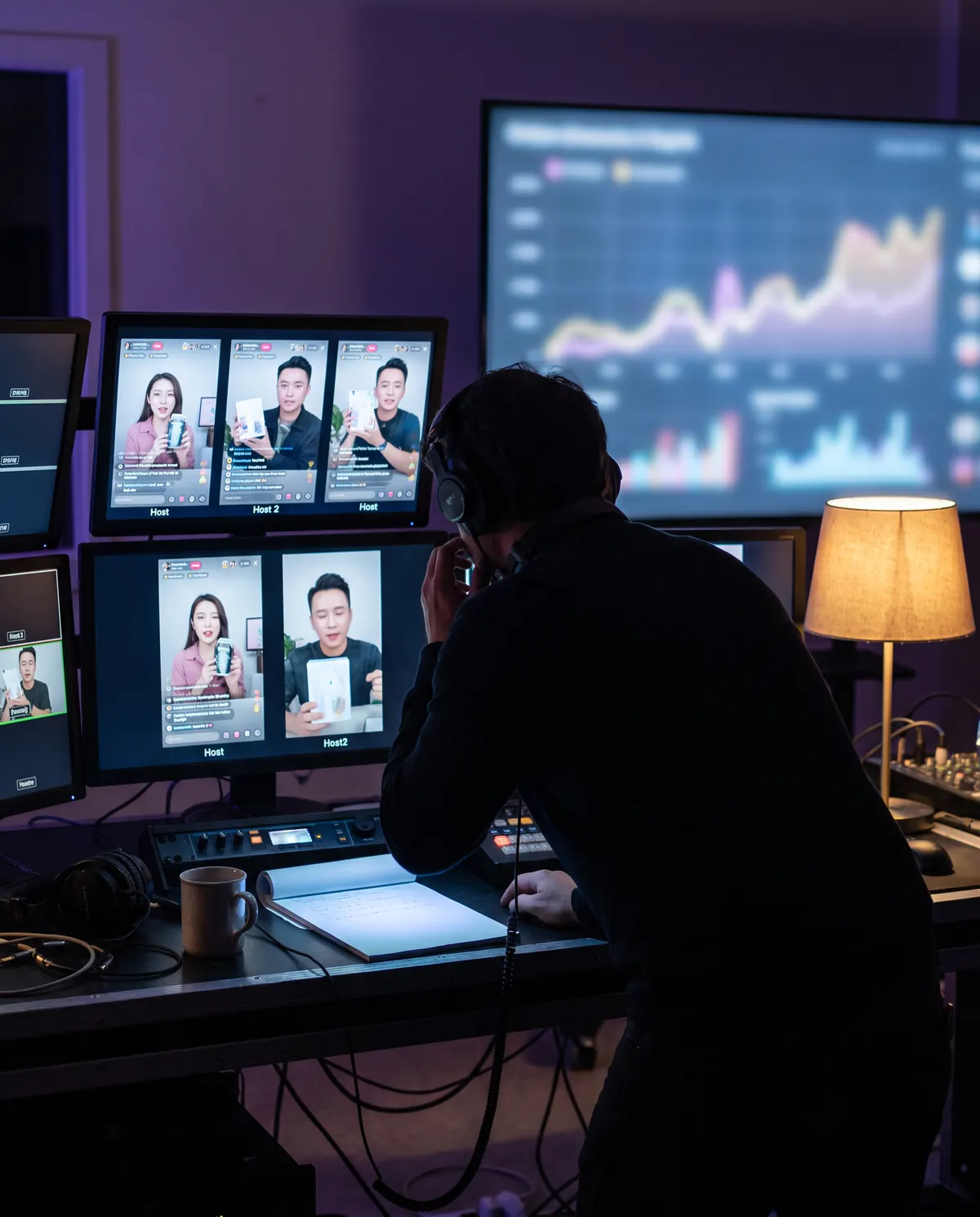 Producer watching several live streams and a sales dashboard