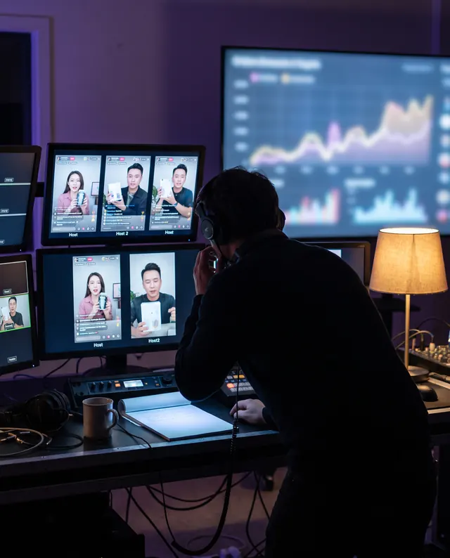 Producer watching several live streams and a sales dashboard
